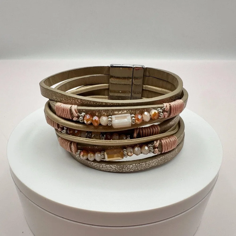 Vintage Y2K Boho Beaded Faux‎ Leather Multi Strand Cuff Bracelet Women's Jewelry